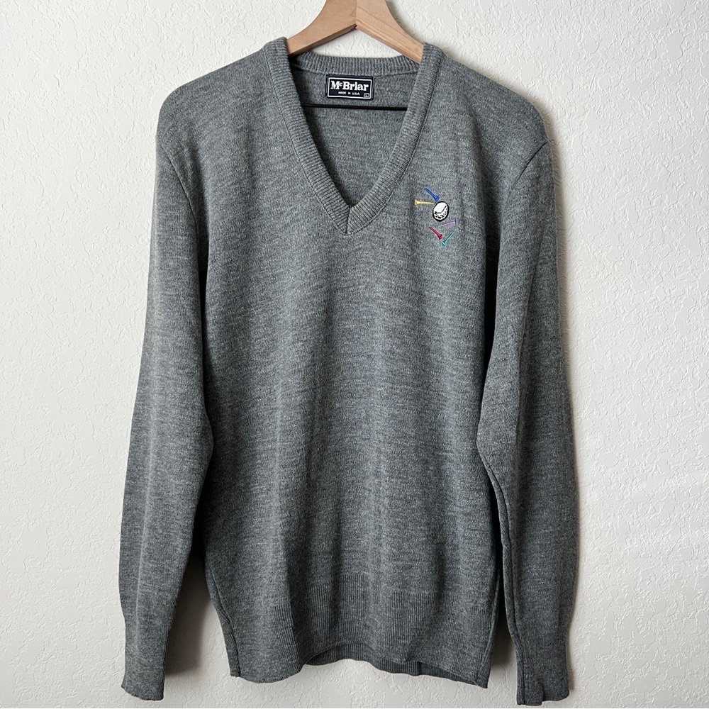 Vintage McBriar Golf Sweater V-Neck Pullover Gray Embroidered Unisex  L - Picture 6 of 7